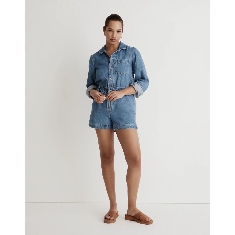 NWT MADEWELL Denim Long-Sleeve Romper in Rushland Wash Size Large L